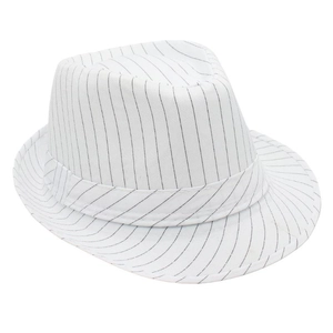 Detail view of a white fedora hat with black stripes and a classic flat top design