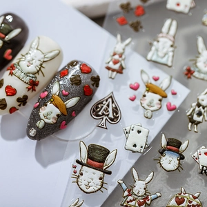 3D embossed Alice in Wonderland nail stickers with white rabbit and playing card designs