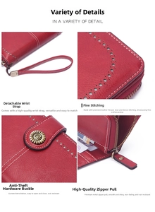 Red leather long wallet detail showcase with wrist strap, metal zipper and secure snap button.
