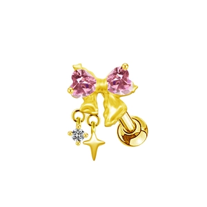 Pink heart zircon bow piercing stud earring with gold star dangle charm on white back