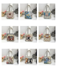 Collage of mini canvas handbags featuring various floral and animal embroidery patterns