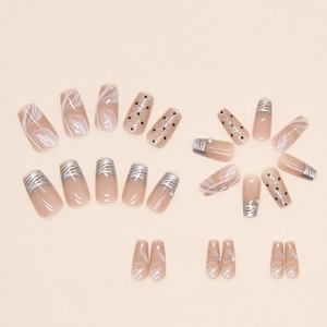 French retro press-on nails with pink base, white swirls and silver metallic accents