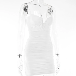Detail of white deep V-neck ruched mini dress with thin straps on mannequin