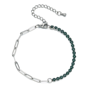 Detail of paperclip chain and green zircon stones on 3mm stainless steel bracelet