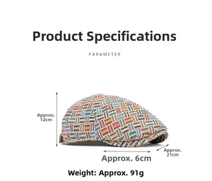 Detailed size and weight parameters of colorful woven plaid newsboy cap with dimensions