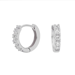 Close-up of small silver S925 sterling silver hoop earrings with micro-pave cubic zirconia