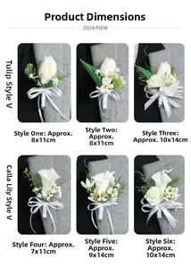 Size chart showing dimensions for various PU Calla Lily and Tulip wedding boutonnieres