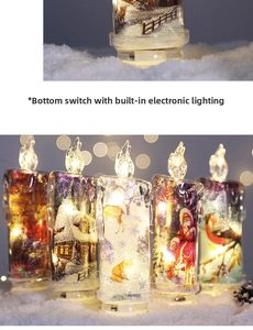 Detail of LED Christmas candles with winter scenes and bottom battery switch button