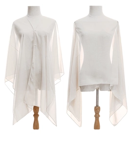 Front and back view of a white lightweight chiffon sun protection shawl on a mannequin