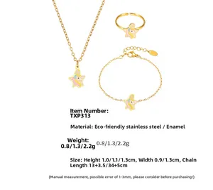 Detail view of colorful enamel unicorn star necklace, bracelet and ring jewelry set