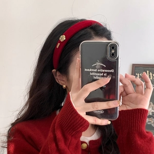 French vintage red velvet headband with golden rose detail on model for women