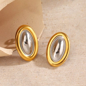 18K gold-plated stainless steel oval earrings with two-tone silver dome center design