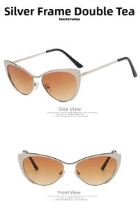 Silver cat-eye metal glasses frame with brown gradient lenses shown in front and side views