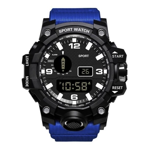 Montre sport robuste bleue et noire à double affichage avec heure mondiale et date