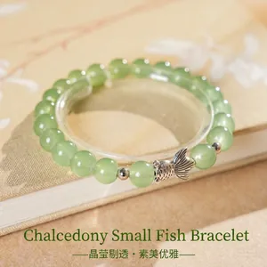 Chalcedony Beaded Bracelet Elegant New Chinese Style Round Bead Elastic Jewelry With Metal Fish Pendant For Women
