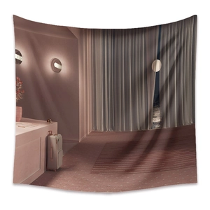 Detailed close-up showing high-quality fabric texture and 3D moonlit room scene tapestry