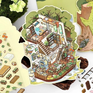 DIY 2.5D Forest Cabin landscape stickers for creative journaling and craft decoration
