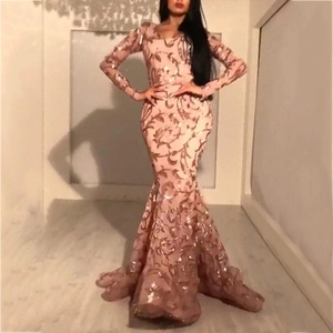 Elegant champagne sequin mermaid evening dress with long sleeves and floral patterns