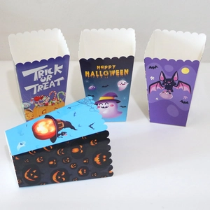 Halloween popcorn boxes featuring ghost, pumpkin and bat designs in multiple colors