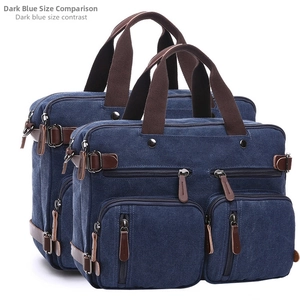Detailed size comparison of two dark blue canvas multi-function messenger bags