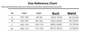 Size guide table for three-piece mesh bikini set with height weight and bust measurements