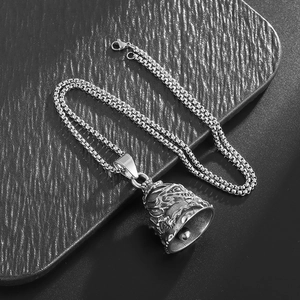 Polished silver titanium steel dragon bell pendant with vintage biker box chain necklace