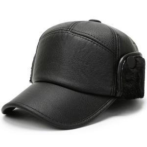 Men Winter Warm PU Leather Baseball Cap With Faux Fur Earflaps Windproof Thermal Outdoor Hat Black