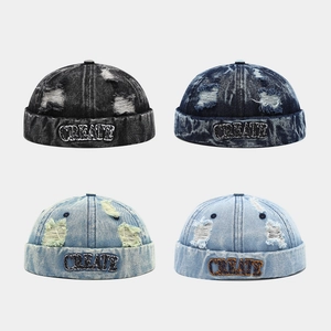 Retro Distressed Denim Docker Hat Brimless Beanie With Letter Embroidery Vintage Streetwear Miki Hat For Men Women
