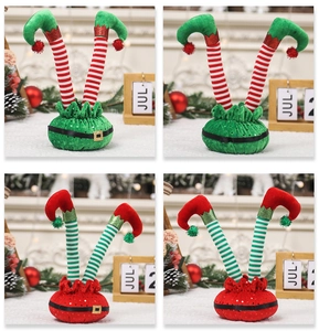 Macro detail of striped Christmas elf legs with sequins and plush trim for table decor
