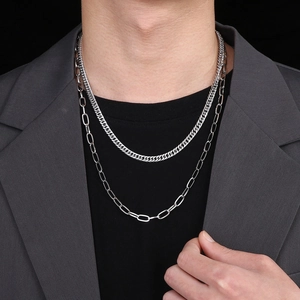 Double-layered silver titanium steel chain necklace for men in trendy street style