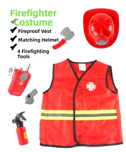 Detailed 6-piece firefighter role play set with red vest, helmet, and toy accessories