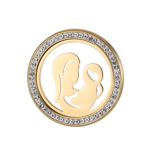 Detailed view of a gold pendant with crystal border and mother-child silhouette
