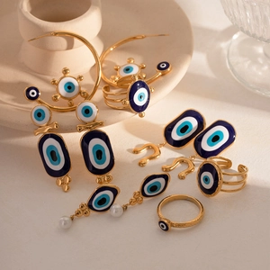 Evil Eye Earrings And Rings Stainless Steel 18K Gold Plated Enamel Turkish Style Ethnic Geometric Jewelry For Women