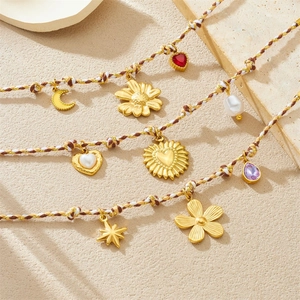 Bohemian Braided Rope Bracelet For Women Gold Plated Stainless Steel Charm Sunflower Moon Star Artificial Pearl Retro Handmade Jewelry