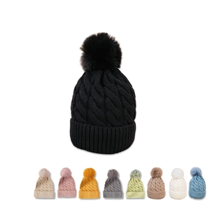 Winter Beanie Hat Cable Knit Faux Fur Pom Pom Acrylic Fleece Lined Warm Outdoor Fashion Soft For Men And Women