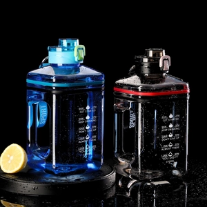 Two 2.2L square sports water bottles with time markers and handles in blue and black