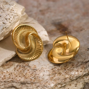 18k gold plated stainless steel teardrop earrings with spiral texture on natural rock
