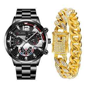 Orologio al quarzo da uomo e set di bracciali con maglia cubana in acciaio inossidabile