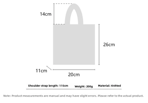 Detailed size chart for drawstring handbag showing dimensions 26cm height and 20cm width