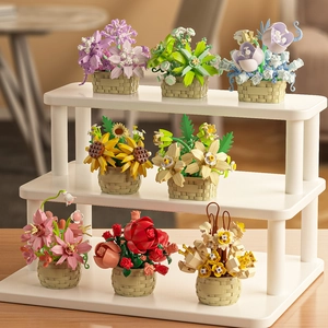 Micro block artificial flower bouquet set with seven potted plants on white stand