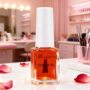 Rose cuticle oil in glass bottle displayed on marble with fresh flower petals