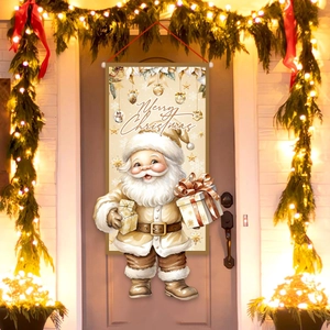 Drapeau de porte du Père Noël en or crème avec lettrage Merry Christmas décoratif