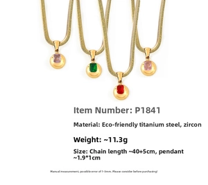Macro shot of 18k gold plated titanium necklace with colorful zircon stone pendants