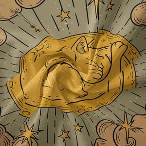 Close-up of soft fabric texture with a sleeping cat on a moon illustration