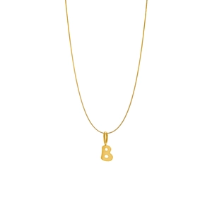 Macro shot of gold letter B pendant on a delicate chain with a polished metallic finish