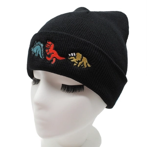 Detailaufnahme der schwarzen Strickmütze mit bunten Dinosaurier-Stickereien am Umschlag