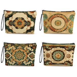 Bohemian Mandala Print Makeup Bag Fine Linen Portable Toiletry Organizer Zipper Wrist Strap Retro Ethnic Style Women