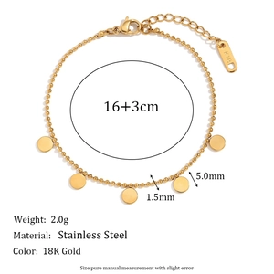 Minimalist 18K gold plated stainless steel bead chain bracelet with disc charm and size guide