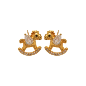 Gold plated rocking horse stud earrings with sparkling clear cubic zirconia stones
