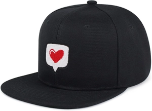 Close-up of heart embroidery detail on a black structured snapback hip hop hat